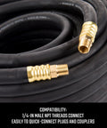 Close-up of Heavy Duty Rubber Air Hose Three Eighths Inch By Fifty Feet, 300 PSI, brass connectors, flexible coiled view