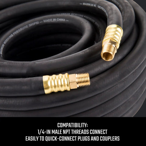 Close-up of Heavy Duty Rubber Air Hose Three Eighths Inch By Fifty Feet, 300 PSI, brass connectors, flexible coiled view