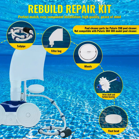 Beefed Up Pool Cleaner Rebuild Kit For Polaris 280 TR28P Zodiac with visible kit components underwater display
