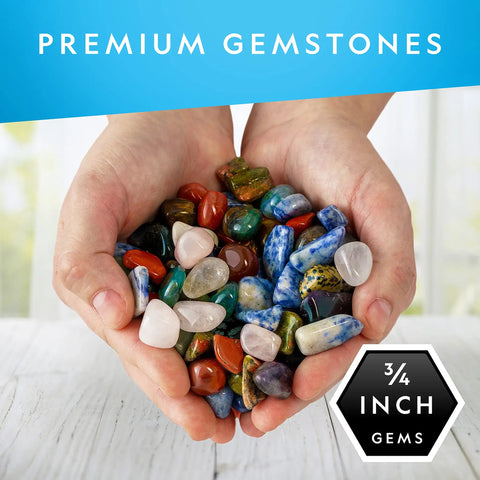 2 Lb Polished Stones And Crystals Bulk Collection Kit For STEM Fun Featuring Agate Amethyst Blue Quartz Rose Quartz Tigers Eye Sodalite Hematite And Jasper Varieties For Awesome Hands On Learning, 3/4 inch gems in hands