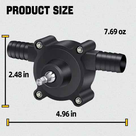 Badass Mini Drill Pump Adapter Hella Fast Fluid Transfer For Water Diesel Motor Oil Suction Extraction Tool size 2.48 in height 4.96 in length.