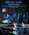 Wireless CarPlay Dash Cam Tablet 10.26 Inch with 4K Front Cam and 1080P Rear View displaying Airplay and Miracast features