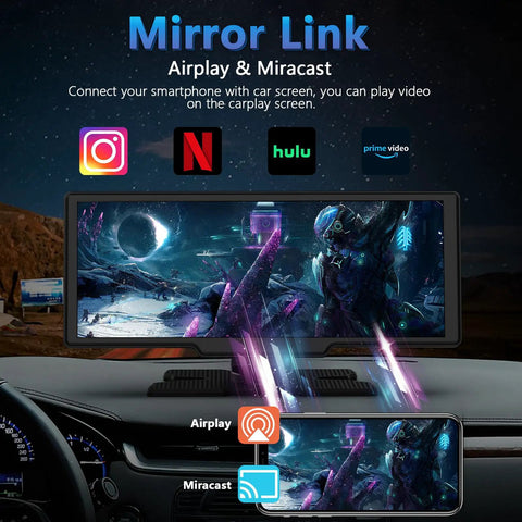 Wireless CarPlay Dash Cam Tablet 10.26 Inch with 4K Front Cam and 1080P Rear View displaying Airplay and Miracast features