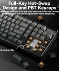 Top Shelf Triple Mode Wireless Gaming Mechanical Keyboard With Full Number Pad And Slick Volume Knob Seamless Bluetooth And Usb C Wired Flex For Pro Gamers highlighting hot-swap design and PBT keycaps.
