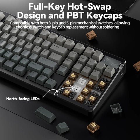 Top Shelf Triple Mode Wireless Gaming Mechanical Keyboard With Full Number Pad And Slick Volume Knob Seamless Bluetooth And Usb C Wired Flex For Pro Gamers highlighting hot-swap design and PBT keycaps.