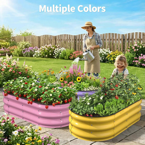 Sturdy Galvanized Steel Raised Garden Bed With 12 Inch Depth Oval Open Bottom Design in pink and yellow, with flowers and vegetables