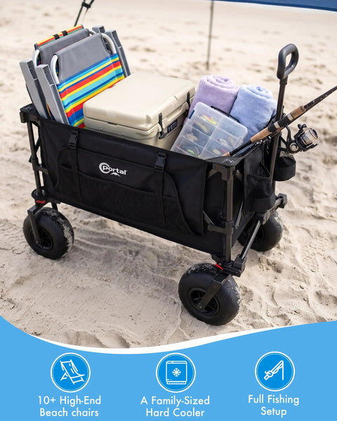 All-Terrain Beach Wagon with 9-Inch Inflatable Balloon Wheels, 330 Lb Capacity, loaded with beach gear on sand