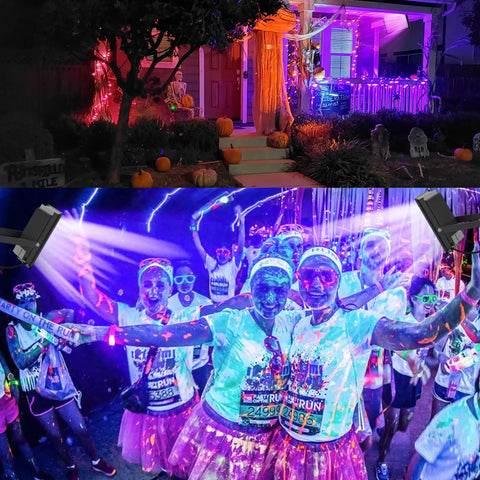 100W Blacklight Flood Light With Purple Hue illuminating neon party with glowing costumes and decorations