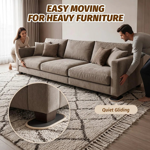 Eight Pack Heavy Duty Furniture Sliders For Carpet And Hardwood Flooring Featuring A Thick Cushioned Buffer under a couch for easy moving.