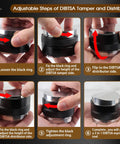 Adjustable dual head espresso distributor and tamper tool steps shown, highlighting the Top Shelf 58mm Espresso Distributor And Tamper Set.