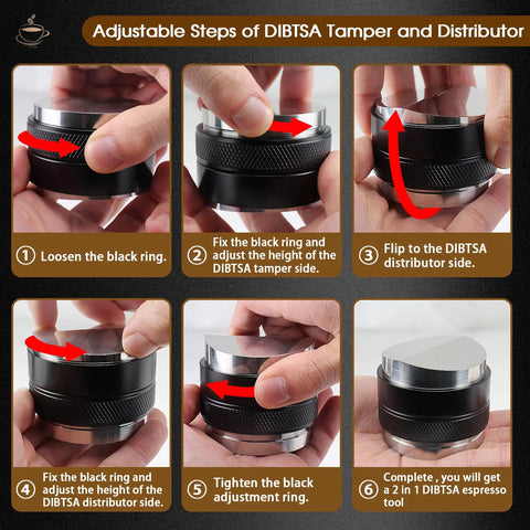 Adjustable dual head espresso distributor and tamper tool steps shown, highlighting the Top Shelf 58mm Espresso Distributor And Tamper Set.