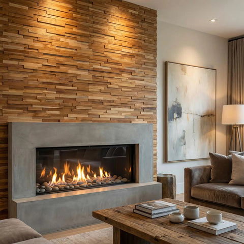 EZ-Wall 3D Teak Mosaic Tiles Mesh-Backed Wall Panels Natural Finish DIY Install Set Of 10 Tiles Each 21.5 X 8.25 Inches living room