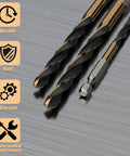 Pro Grade Hex Shank Cobalt Metric Drill Bit Set Featuring High Speed Steel Quick Change Design For Drilling Metal Wood And Aluminum Alloy, displaying three drill bits with a hex shank.