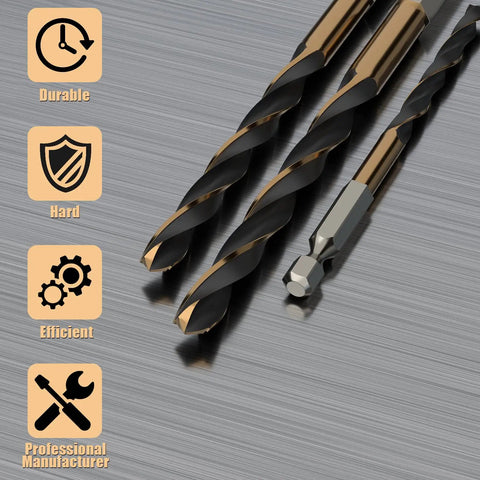 Pro Grade Hex Shank Cobalt Metric Drill Bit Set Featuring High Speed Steel Quick Change Design For Drilling Metal Wood And Aluminum Alloy, displaying three drill bits with a hex shank.