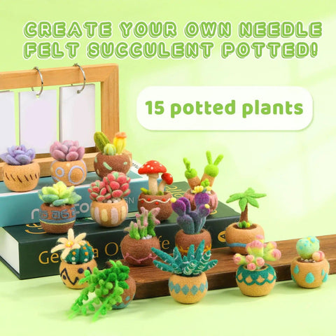 Colorful felt succulents from Beginner Needle Felting Kit With Succulent Designs, 15 Piece Set Including Wool Roving, Foam Mat.
