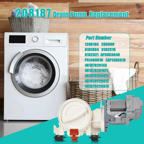 White front-load washing machine with inset drain pump assembly image in bottom corner.