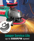 Cordless 18V Angle Grinder With 8500 RPM, 4.0Ah battery in use, displaying sparks as it polishes metal with a red sanding disc.