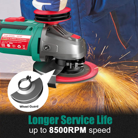 Cordless 18V Angle Grinder With 8500 RPM, 4.0Ah battery in use, displaying sparks as it polishes metal with a red sanding disc.