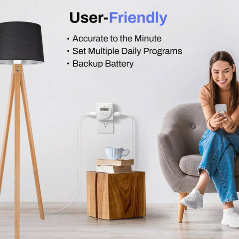 Dual Outlet Indoor Digital Timer For Lamps And Fans, 7 Day Programmable Plug In Timer, plugged on wall near lamp and woman