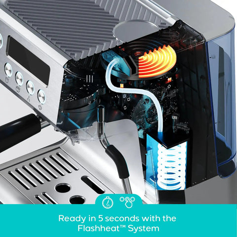 Pro Level 20 Bar Espresso Maker With Rapid Flashheat Brewing Fast Steam Wand, cutaway view showing heating system.