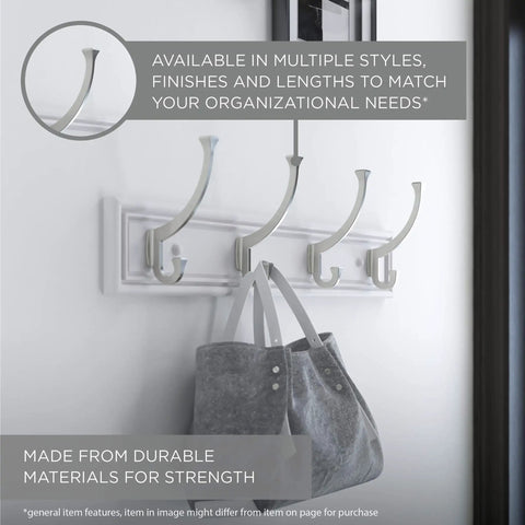 27 Inch Wall Mount Coat Rack With 6 Hooks In Pure White Heavy Duty Hat Rack For Foyer Or Entryway holding a gray bag