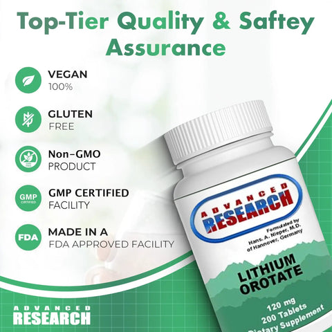 Dr Hans Nieper Lithium Orotate 5mg, 200 Count, Lab Tested, Non-GMO, Gluten Free, Vegan Friendly product label and certifications