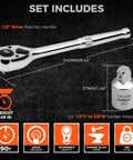 Image of a 1/2 inch drive quick release ratchet handle with 90-tooth reversible chrome alloy socket wrench and 1/2 inch to 3/8 inch socket adapter.