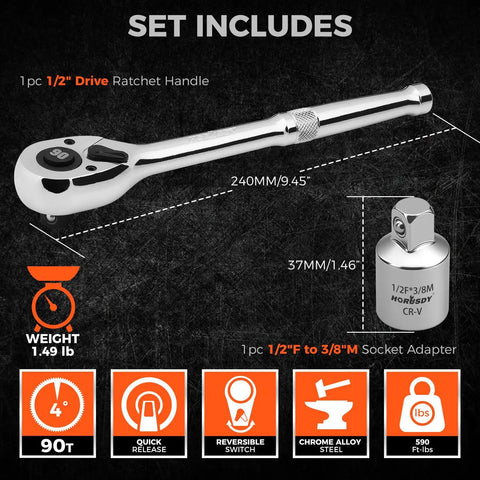 Image of a 1/2 inch drive quick release ratchet handle with 90-tooth reversible chrome alloy socket wrench and 1/2 inch to 3/8 inch socket adapter.