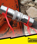 Skid-steer hydraulic quick-connect coupler by ANCIMOON, 1/2 in NPT, red dust covers (2 pcs), front view