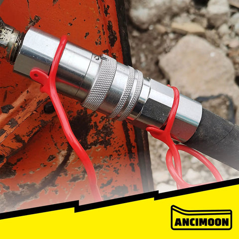 Skid-steer hydraulic quick-connect coupler by ANCIMOON, 1/2 in NPT, red dust covers (2 pcs), front view