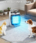 Portable Space Heater 1500W 750W PTC Ceramic emitting blue cool air, safe for pets, placed in living room with cat and dog.