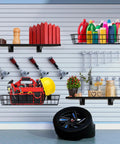 Installed Six Pack Wooden Slatwall Shelves With Heavy Duty Metal Brackets For Home And Garage Organization, 24 By 12 Inch Slat Wall Storage, Space Saving Wall Shelves Kit with various items organized on shelves and hooks.