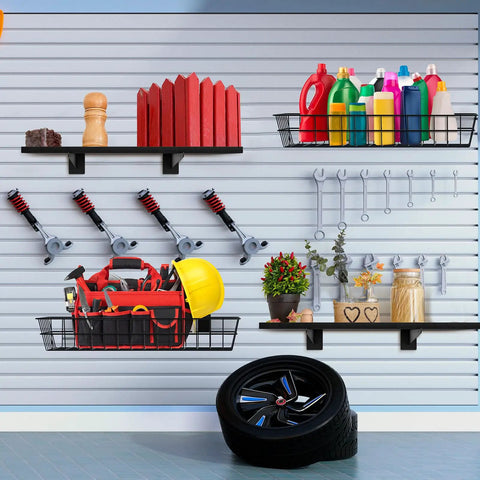 Installed Six Pack Wooden Slatwall Shelves With Heavy Duty Metal Brackets For Home And Garage Organization, 24 By 12 Inch Slat Wall Storage, Space Saving Wall Shelves Kit with various items organized on shelves and hooks.