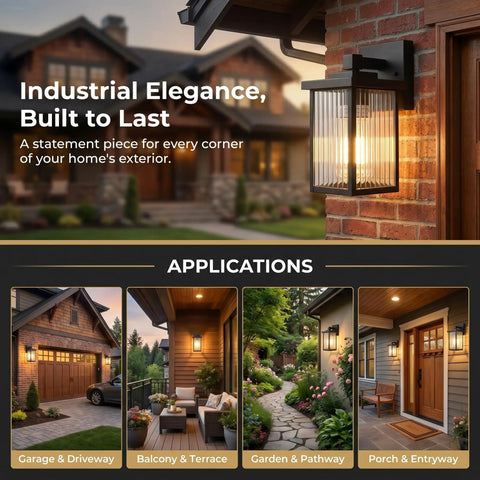 Stunning Matte Black Wall Mount Porch Lights, Dope Outdoor Sconces Featuring Hand Textured Glass And Solid Metal Frame mounted near front door.