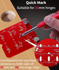Adjustable Cabinet Hinge Jig For 35mm Drilling 45mm And 48mm Concealed Hinges Drill Guide Tool Universal Fit For Most Cabinets Four Adjustable Hole Spacings 3mm 4mm 5mm 6mm Pro Grade Precision Hardware Installation shown with diagram and wooden panel.