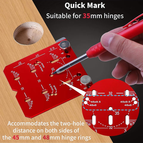 Adjustable Cabinet Hinge Jig For 35mm Drilling 45mm And 48mm Concealed Hinges Drill Guide Tool Universal Fit For Most Cabinets Four Adjustable Hole Spacings 3mm 4mm 5mm 6mm Pro Grade Precision Hardware Installation shown with diagram and wooden panel.