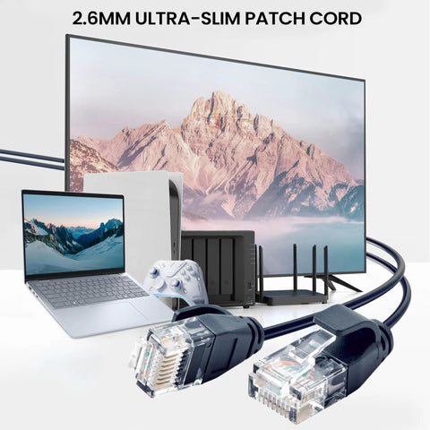 Cat6A Ultra Slim Ethernet Patch Cable 20 Ft 34AWG U/UTP Black For Lightning Fast Home And Office Internet beside devices