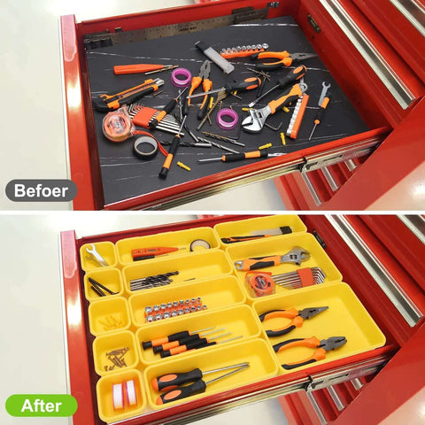 42 Pack Tool Box Organizer Tray Dividers Fit Rolling Tool Cart And Workbench Drawers Store Hardware Screws Nuts Bolts Securely In A Hella Neat Yellow Layout That Kicks Workspace Chaos To The Curb in drawer before and after organization.