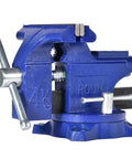 Beefy 4.5 Inch Bench Vise With 240 Degree Rotating Base, metal clamp in blue, 4.5 inch jaw, side view with rotating handle