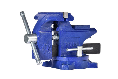 Beefy 4.5 Inch Bench Vise With 240 Degree Rotating Base, metal clamp in blue, 4.5 inch jaw, side view with rotating handle