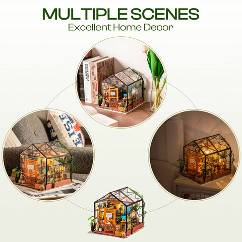 DIY Miniature Greenhouse Kit With Dope LED Lights 1 To 24 Scale Wooden Dollhouse With Realistic Furniture display