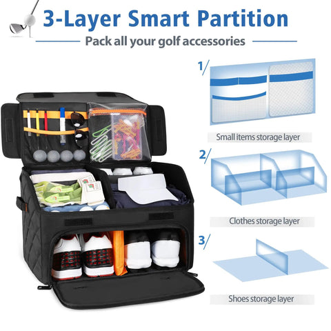 Dual Layer Golf Trunk Organizer With Ventilated Shoe Compartment For Two Pairs Of Shoes, open with organized compartments