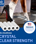 60 gauge stretch film wrap, used to tightly wrap around furniture, shown with high-heeled shoe and socks in the background.