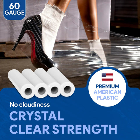 60 gauge stretch film wrap, used to tightly wrap around furniture, shown with high-heeled shoe and socks in the background.