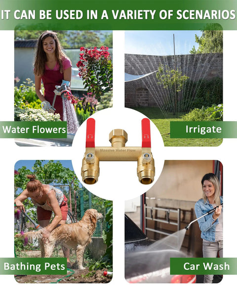 Beefy 2 Way Hose Splitter With Full Flow Design, Long Metal Handles, Brass Rust and Freeze Resistant, Garden Water Splitter T Adapter Three Quarter Inch GHT Thread, Red used for flowers, irrigation, pet bathing, and car wash