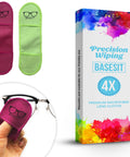 BASESIT 4-pack microfiber eyeglass cleaning cloths in pink and neon green, shown with glasses and packaging.