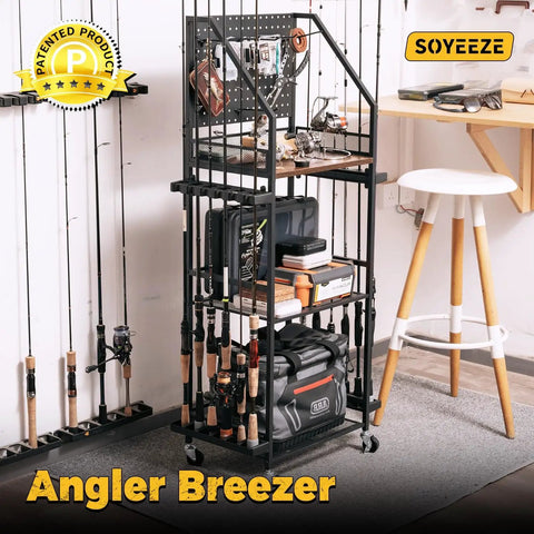 Garage Fishing Rod Holder System With Pegboard Hooks, Holds Up To 12 Rods, Rolling Tackle Cart With Wheels, 3-Tier Gear Storage For Tackle Boxes And