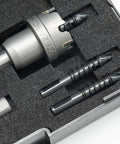 EZARC carbide hole saw kit, 3-piece set with pilot drill, in foam-lined case.