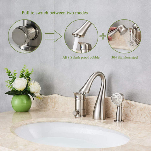 Brass Bathtub Faucet Set With Waterfall Style Shower Three Hole Deck Mount Br brushed Nickel Finish with handheld shower on sink