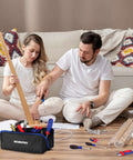 Couple using tools with Heavy Duty 10 Inch Tool Bag With Zipper Wide Mouth Pouch Organizer 3 Pack, 1680D Oxford Cloth, on floor.